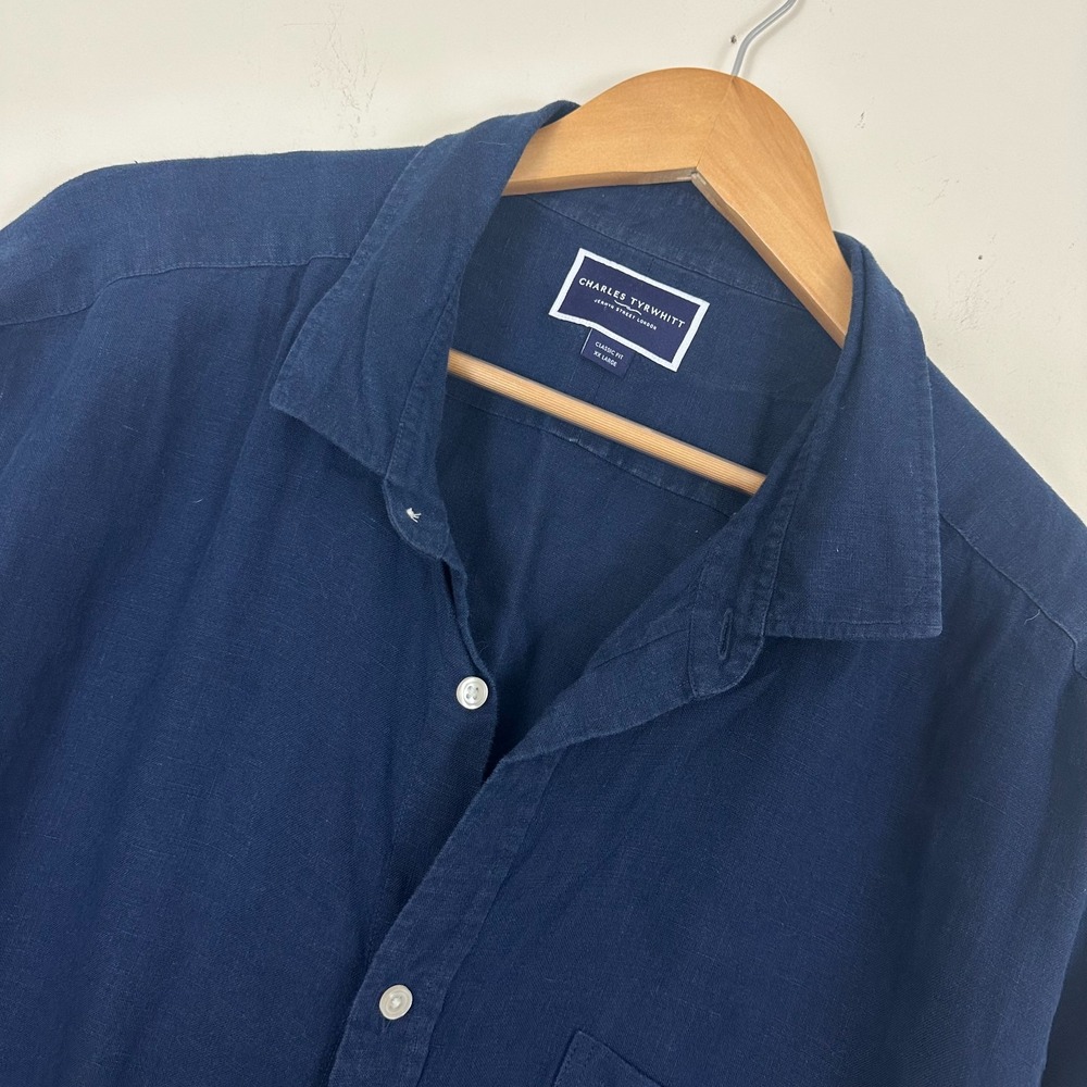 Charles Tyrwhitt Linen Shirt Navy Blue Classic Fit Long Sleeve Button Up Men 2XL